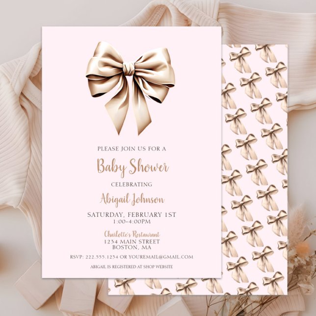 Convite Chá de fraldas de coquete bege rosa elegante (Chic Blush Pink Beige Coquette Bow Baby Shower Invitation, Modern Script, Classic Baby Girl Shower)
