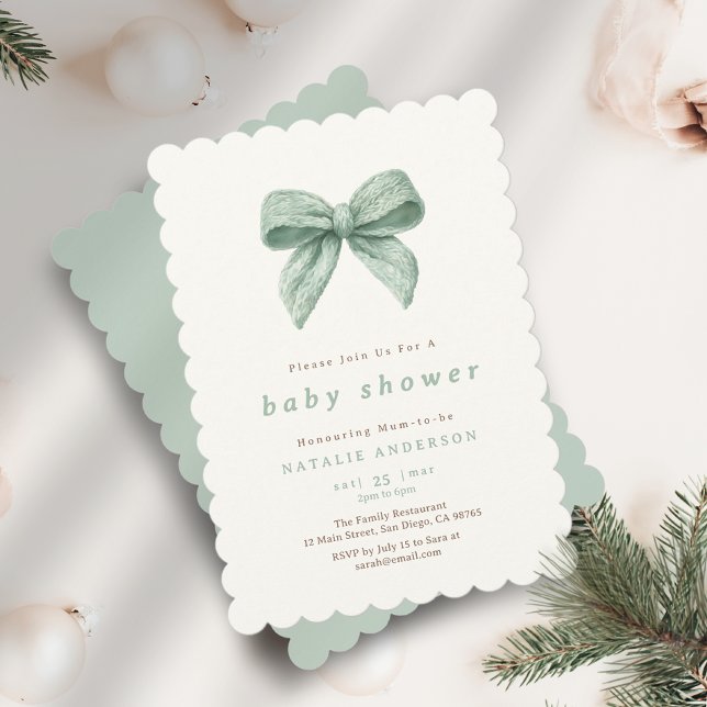 Convite Chá de fraldas de coquete verde flexível Elegante  (Elegant Sage Green Soft Coquette Baby Shower Invitation)