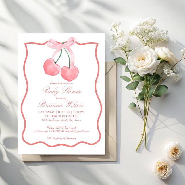 Convite Chá de fraldas de coquetel cor-de-rosa-cereja (Cherry pink bow ribbon border coquette baby shower invitation template)