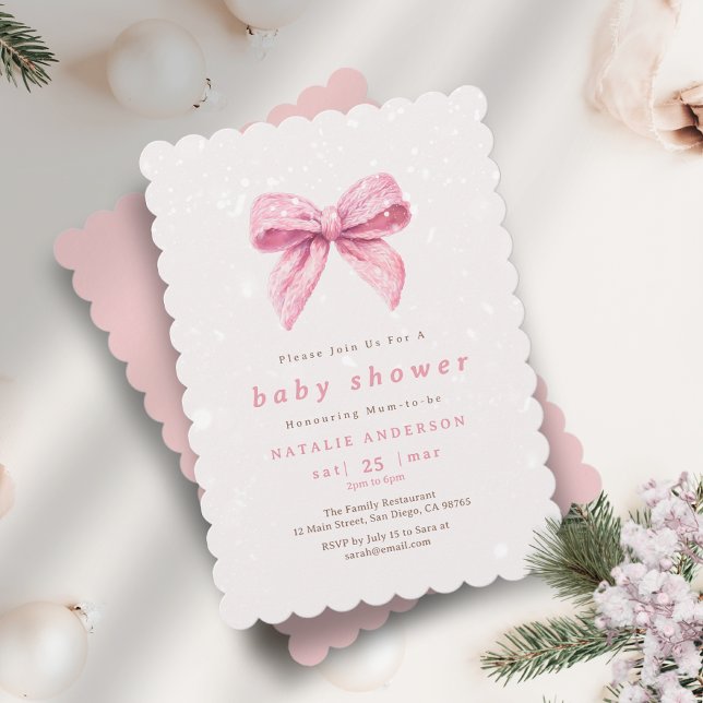 Convite Chá de fraldas de Coquetes de Inverno Rosa Elegant (Elegant Pink Winter Snow Coquette Baby Shower Invitation)