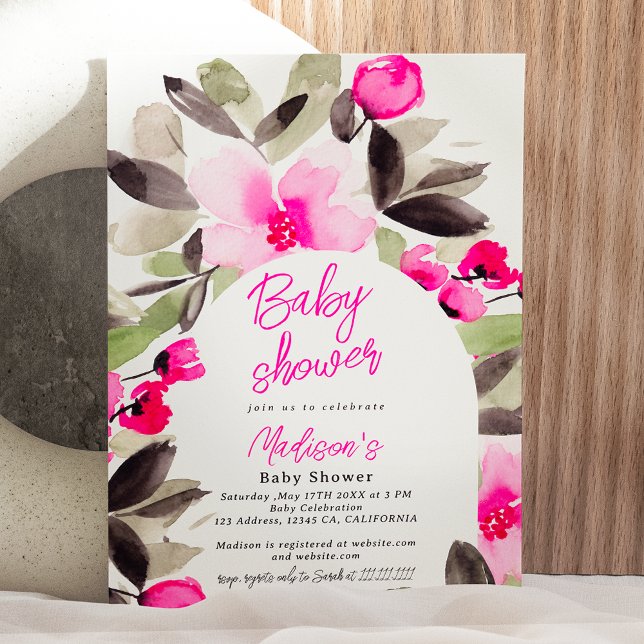 Convite Chá de fraldas de cor branca verde-rosa-boho (Boho pink green floral watercolor baby shower invitation)