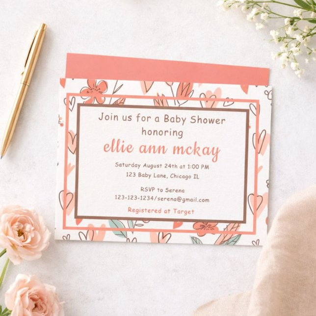 Convite Chá de fraldas de Coração Floral (Criador carregado)