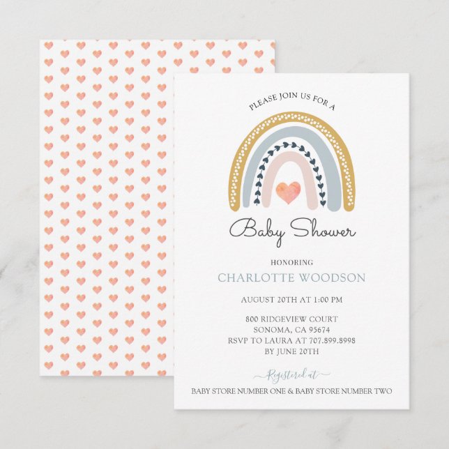 Convite Chá de fraldas de Coração Rosa Arco-Íris (Frente/Verso)