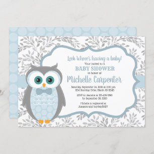 Convite chá de fraldas de coruja cinza azul