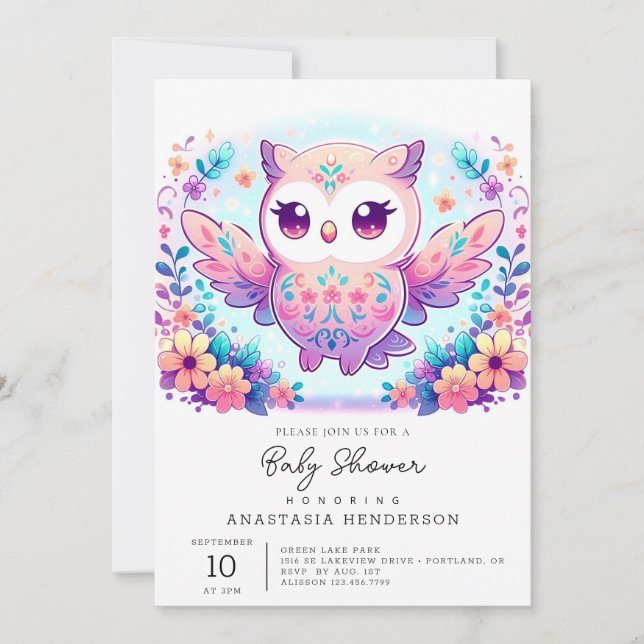 Convite Chá de fraldas de Coruja Mágica (Frente)