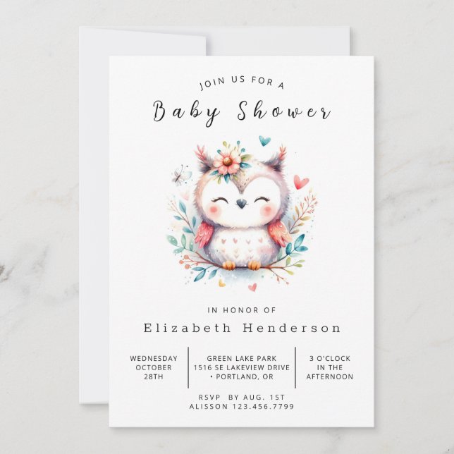 Convite Chá de fraldas de Coruja Moderna Chic (Frente)