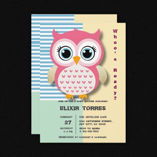 Convite Chá de fraldas de Coruja Rosa Esbranquiçada