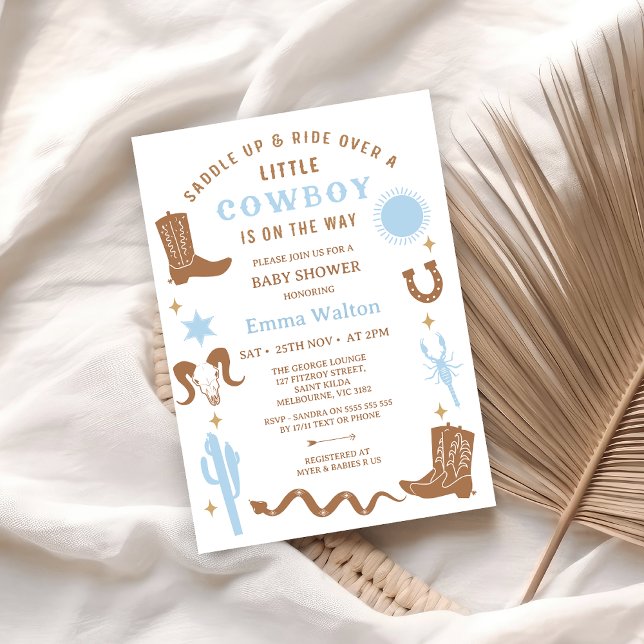 Convite Chá de fraldas de cowboy castanho-moderno (Little Cowboy Baby Shower Invitation, Blue Brown Western Baby Shower Invitation Boy Western Southern)