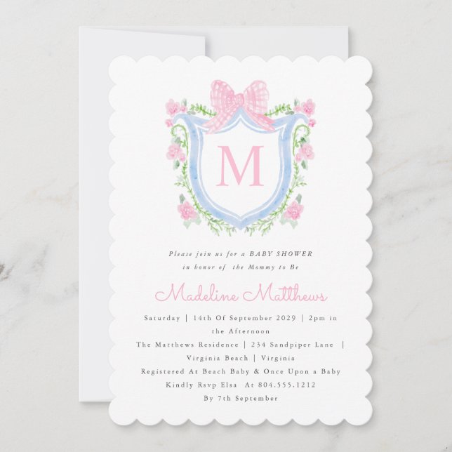 Convite Chá de fraldas de Crest com Aquarela Rosa e Azul (Frente)