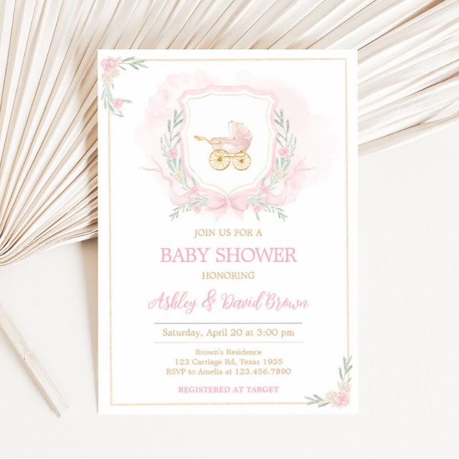 Convite Chá de fraldas de Crest de Aquarela Rosa (Pink Gold Carriage Crest Baby Shower Invitation)