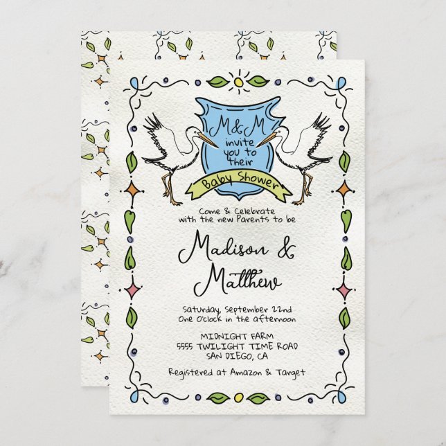 Convite Chá de fraldas de Crest de Storages Whimsical Dese (Frente/Verso)