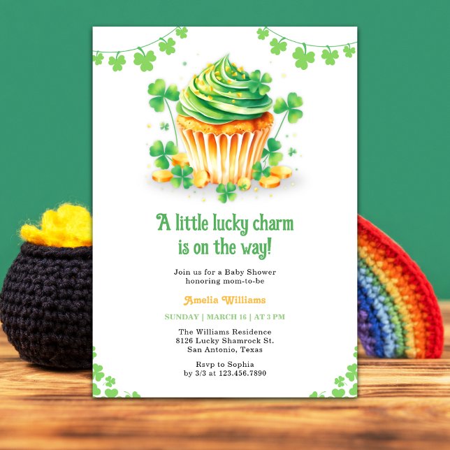 Convite Chá de fraldas de Cupcake de Shamrock de Pequeno S (St. Patrick's Day Baby Shower Invitation – Lucky Little Shamrock Theme for Mother-to-Be)