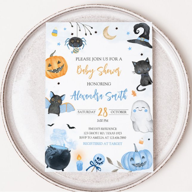 Convite Chá de fraldas de Dia das Bruxas Azul (Boy Ghost Halloween Baby Shower Invitation)