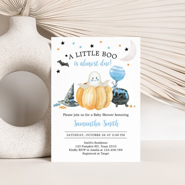 Convite Chá de fraldas de Dia das Bruxas de Boo Azul (Pumpkin Halloween Baby Shower Invitation)