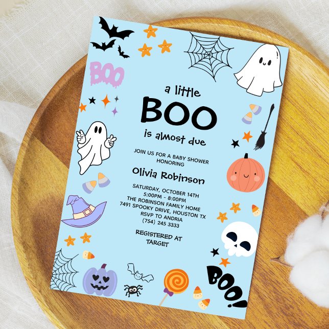 Convite Chá de fraldas de Dia das Bruxas de Fantasmas Azul (Blue A Little Boo is Almost Due Cute Ghost Halloween Baby Shower Invitation )