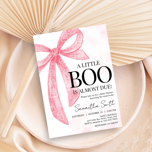 Convite Chá de fraldas de Dia das Bruxas de Menina Rosa (Pink Bow Little Boo Coquette Halloween Baby Shower Invitation)