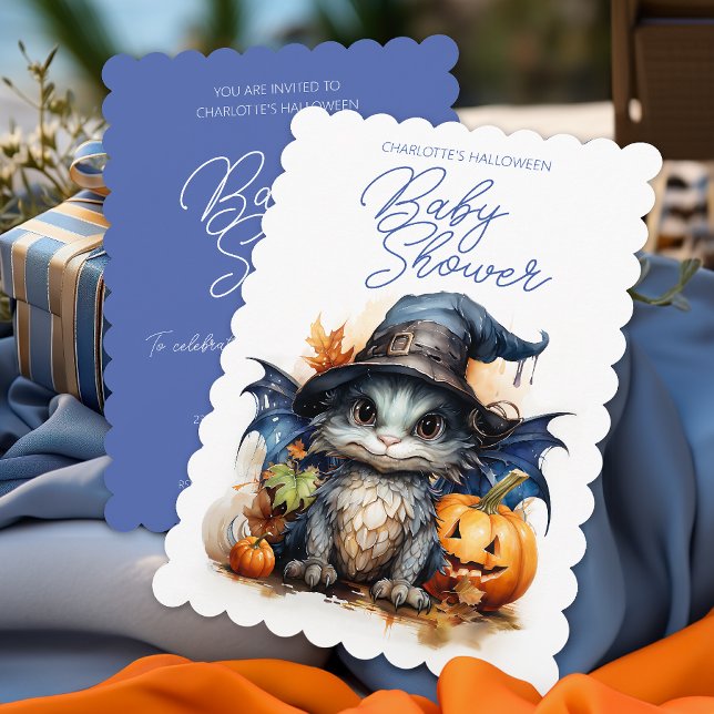 Convite Chá de fraldas de Dia das Bruxas do Dragão Bebê, C (Make a lasting impression with a cornflower blue themed baby shower at Halloween - Dragon included.)