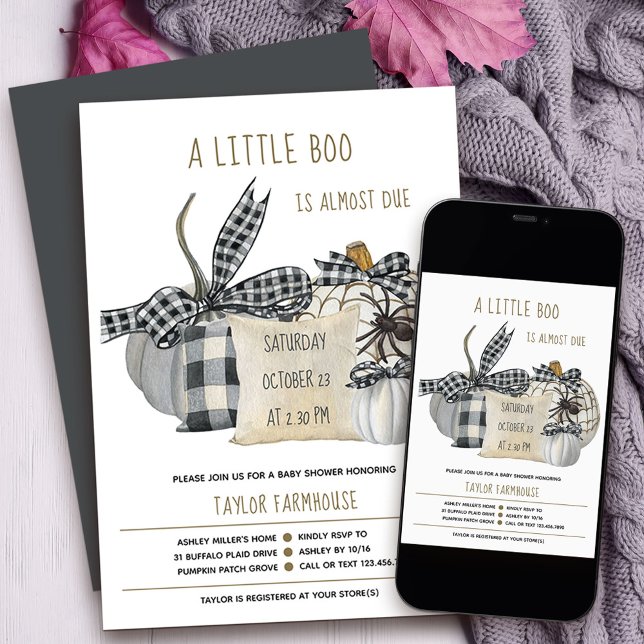 Convite Chá de fraldas de Dia das Bruxas do Travesseiro de (Little Boo baby shower Invitation with stylish farmhouse porch decor
)