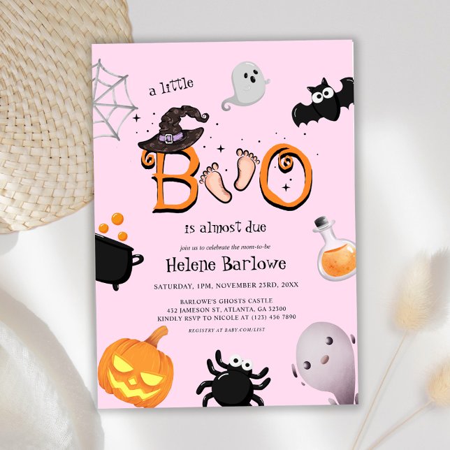 Convite Chá de fraldas de Dia das Bruxas Rosa (Pink Little Boo Halloween Baby Shower Invitation)