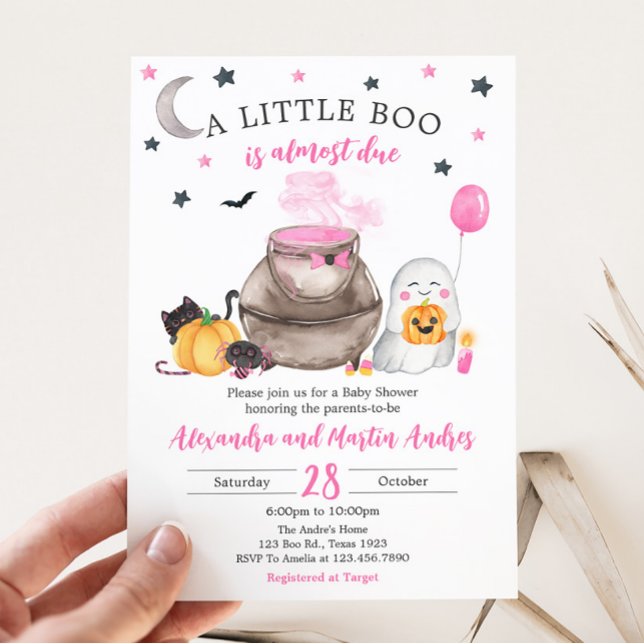 Convite Chá de fraldas de Dia das Bruxas Rosa Pequeno (Pink Little Boo Halloween Baby Shower Invitation)