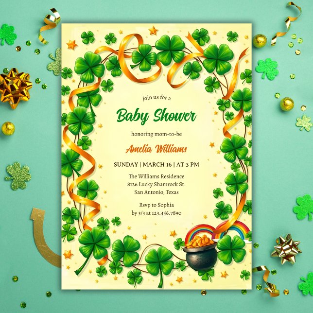 Convite Chá de fraldas de Dia de São Patrício de Shamrock  (Green Lucky Shamrock St. Patrick's Day Baby Shower Invitation)