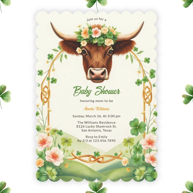 Convite Chá de fraldas de Dia de São Patrício de Vaca do P (Green Highland Cow St. Patrick's Day Baby Shower Invitation)