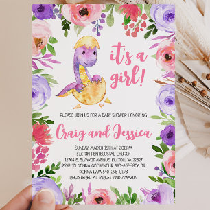 Convite Chá de fraldas de Dinossauro Floral Púrpura e Rosa