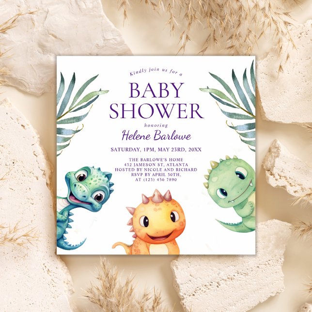 Convite Chá de fraldas de Dinossauro Gelado (Cute Playful Dinosaur Baby Shower Invitation)