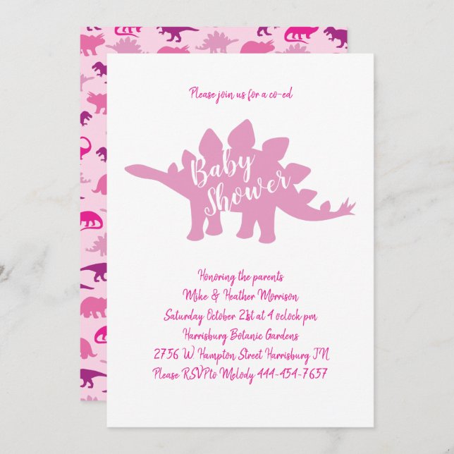 Convite Chá de fraldas de Dinossauro Gelado Estegossauro R (Frente/Verso)