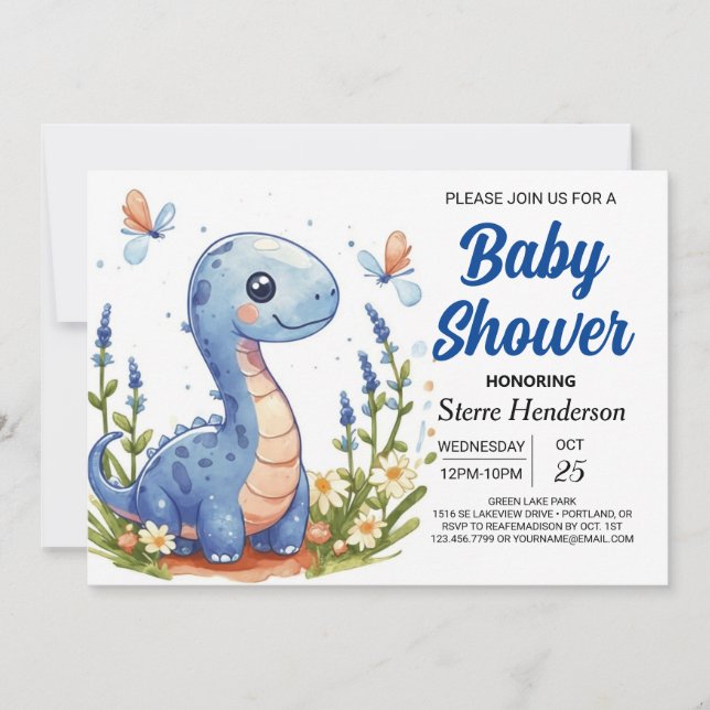 Convite Chá de fraldas de Dinossauro Moderno Azul Encantad (Frente)