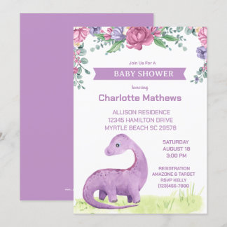 Convite Chá de fraldas de Dinossauro Purple Floral Girls