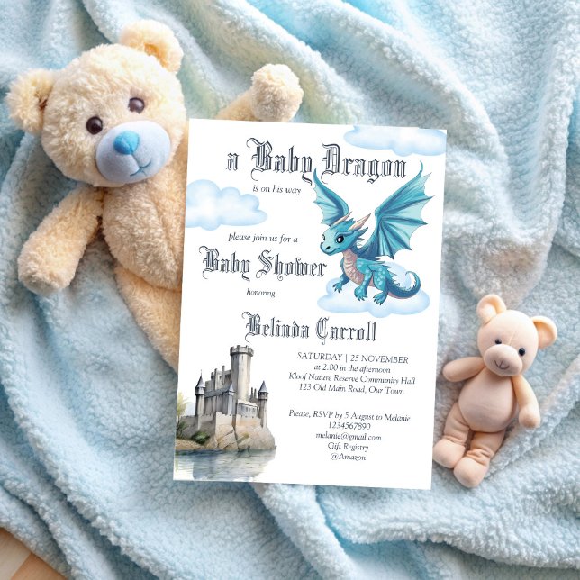 Convite Chá de fraldas de dragão de bebê fofo medieval (Medieval cute baby dragon baby shower invitation template fantasy blue dragon baby shower invites)