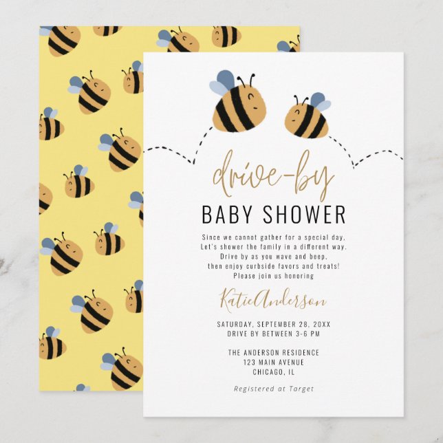 Convite Chá de fraldas de drive-by de abelha amarela-branc (Frente/Verso)
