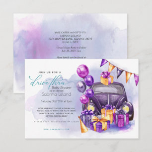 Convite Chá de fraldas De Drive-Thru Da Watercolor Fuchsi