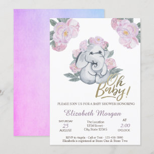 Convite Chá de fraldas de Elefante Bebê Floral