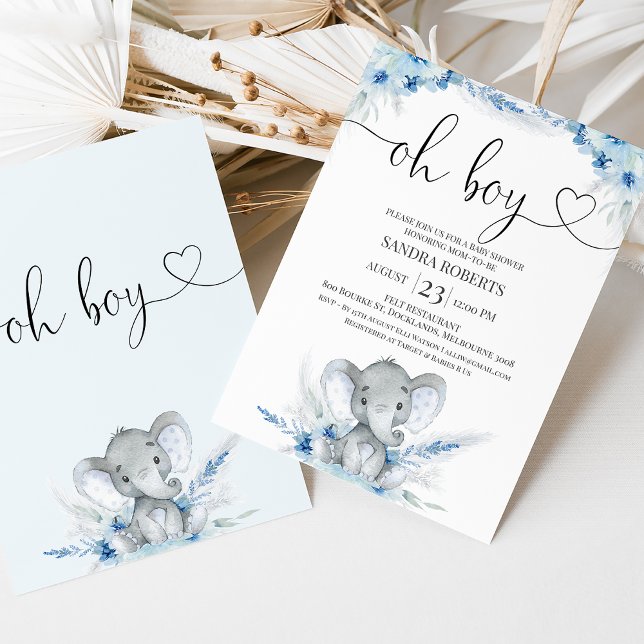 Convite Chá de fraldas de Elefante Blue Boho Floral (Blue boho floral elephant baby shower invitation featuring a calligraphy heading with a heart.)