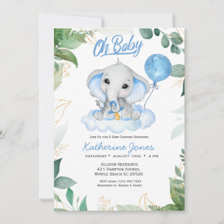 Convite Chá de fraldas de Elefante Boys de Aquarela