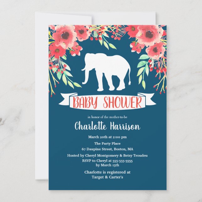 Convite Chá de fraldas de Elefante Branco Trendy Floral (Frente)
