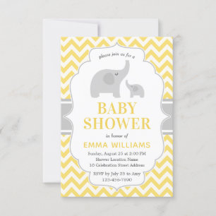 Convite Chá de fraldas de Elefante Cinza Amarelo e Cute M