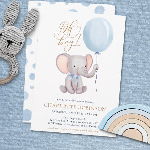 Convite Chá de fraldas de Elefante Cute de Balão Azul Meni