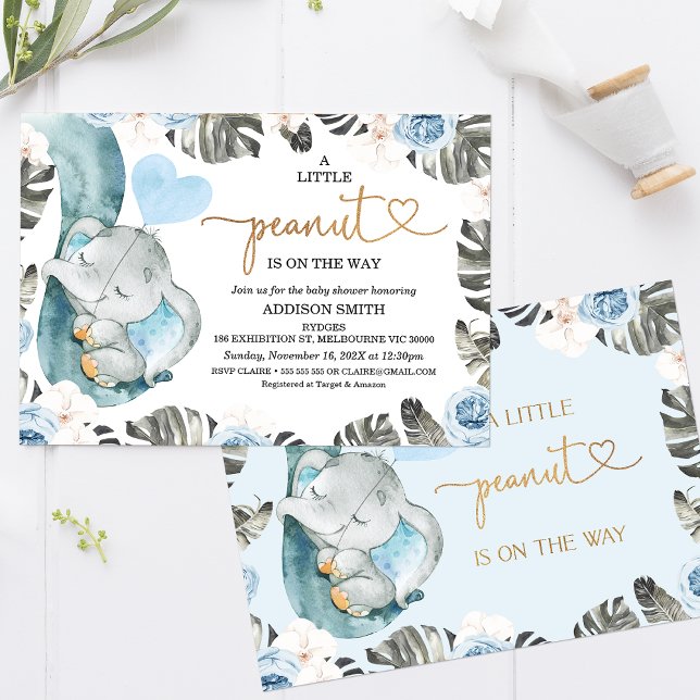Convite Chá de fraldas de Elefante de Amendoim Floral Azul (Sweet little peanut boy's baby shower invitation featuring an elephant trunk and baby elephant.)