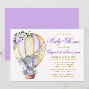 Convite Chá de fraldas de Elefante de Balão Floral Roxo