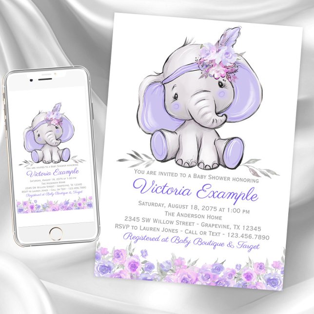 Convite Chá de fraldas de Elefante de Boho Puro (Girl purple elephant baby shower invitations. Instant download and printed invitations available.)