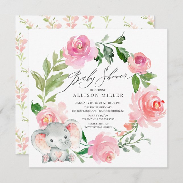 Convite Chá de fraldas de Elefante de Flores Rosa de Aquar (Frente/Verso)