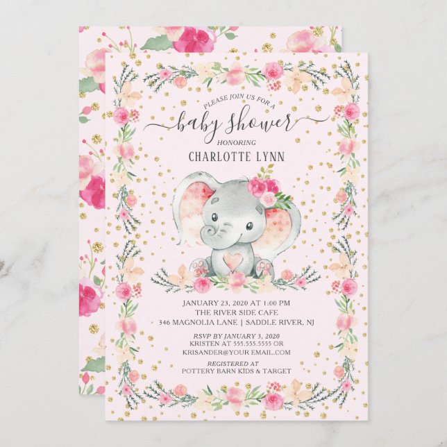 Convite Chá de fraldas de Elefante de Menina Doce (Frente/Verso)