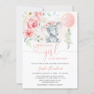 Convite Chá de fraldas de Elefante de Menina Rosa Floral