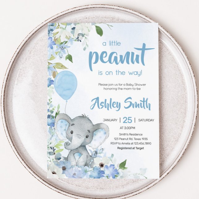 Convite Chá de fraldas de Elefante de Pequeno Amendoim azu (Little Peanut Blue Elephant Baby Shower Invitation)
