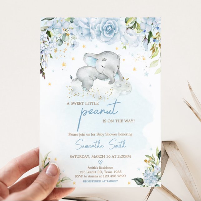Convite Chá de fraldas de Elefante Floral Azul (Blue Floral Sleeping Elephant Baby Shower Invitation)