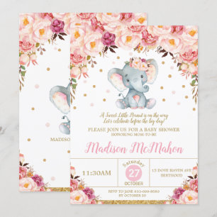 Convite Chá de fraldas de Elefante Floral Blush