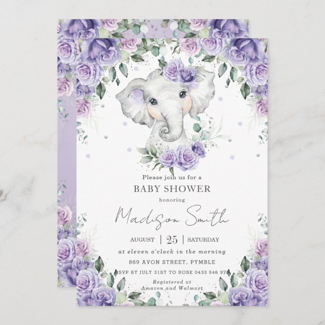 Convite Chá de fraldas de Elefante Floral Purple Lilac (Frente/Verso)